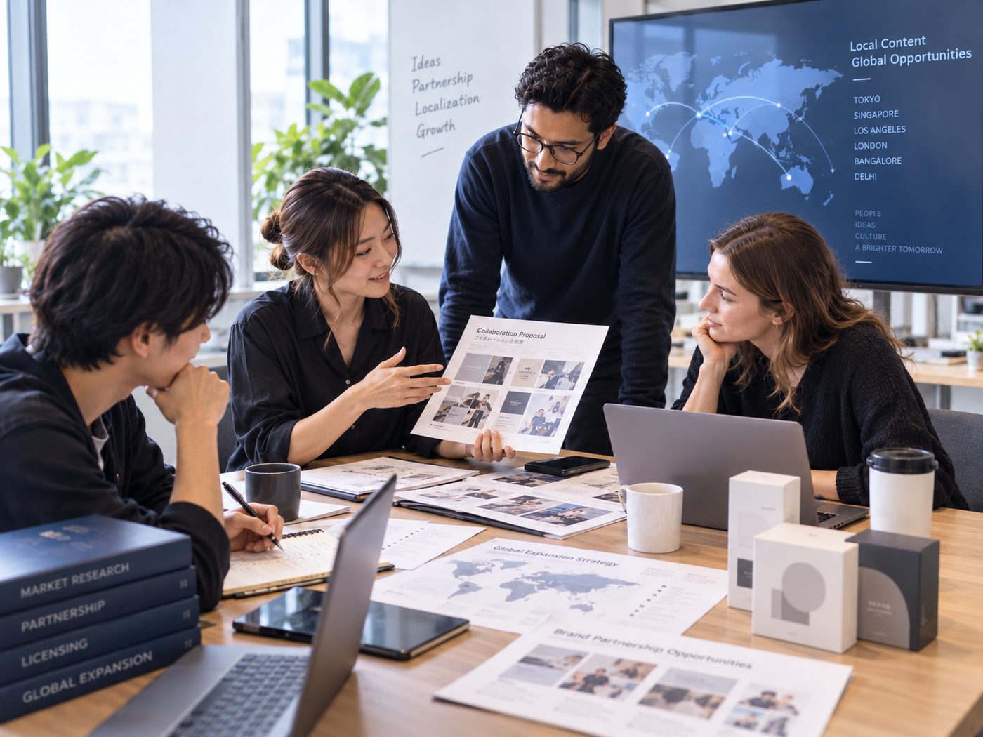 Team reviewing licensing materials around a table