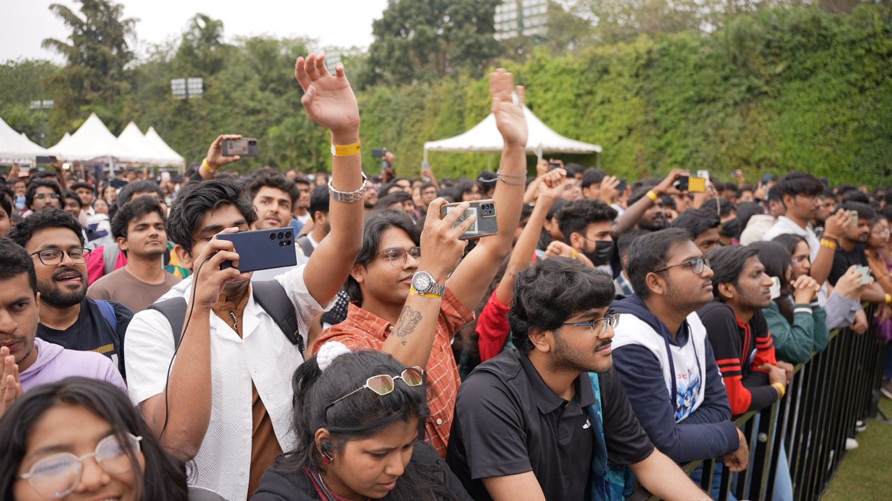 Excited crowd at an outdoor anime event